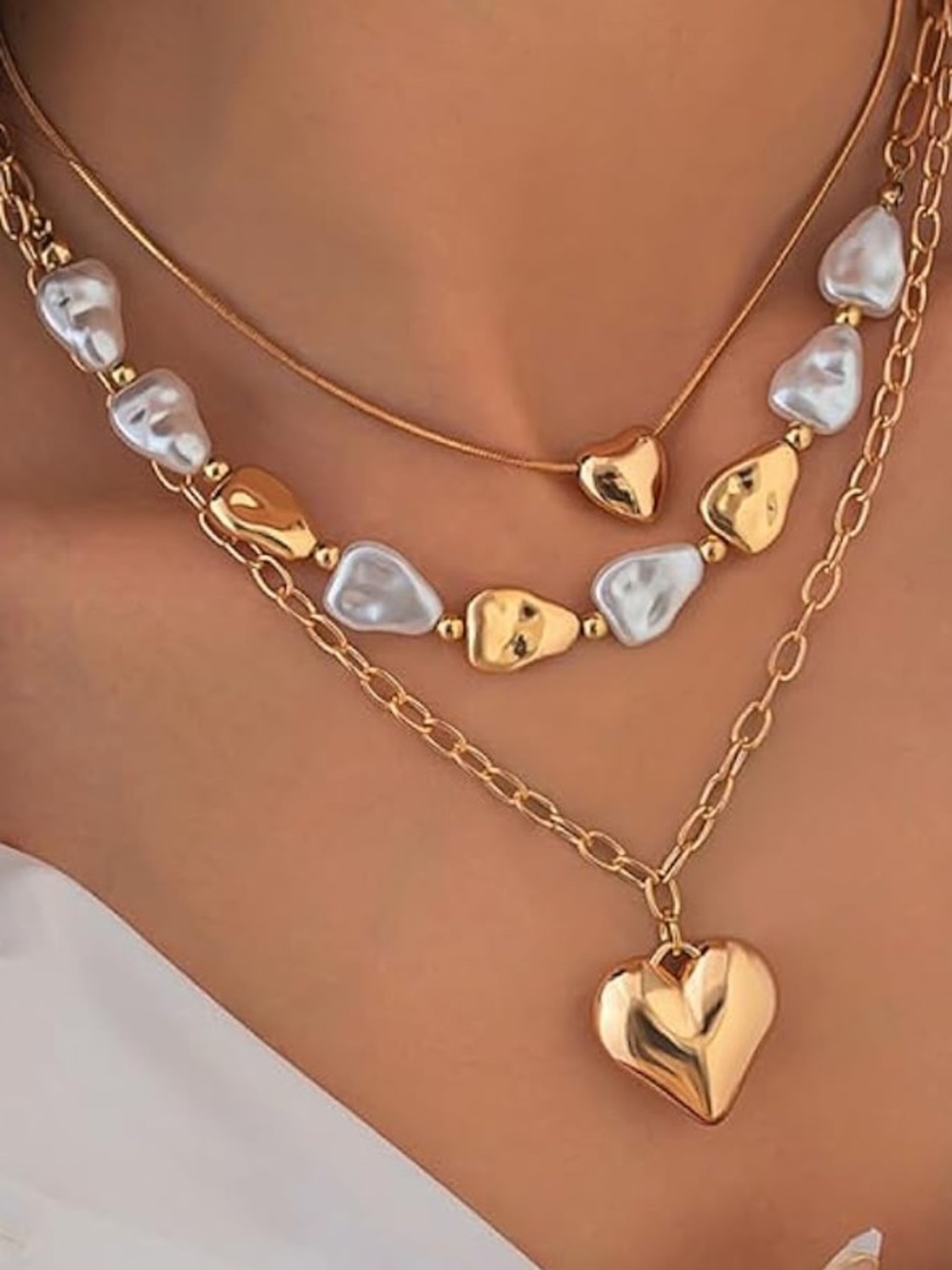 Anthropologie Gold and White Layered Heart Necklace Set